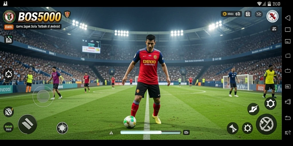 Tangkapan layar utama dari gameplay BOS5000 menampilkan aksi seru di lapangan.