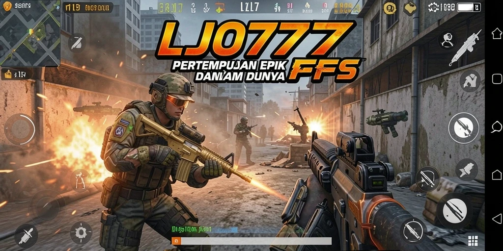 Screenshot LJO777 menampilkan aksi pertempuran FPS yang mendebarkan.