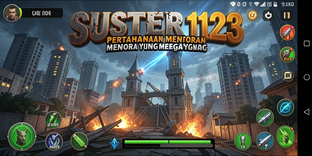 Screenshot gameplay SUSTER123 dengan berbagai menara berfungsi melawan gelombang musuh.